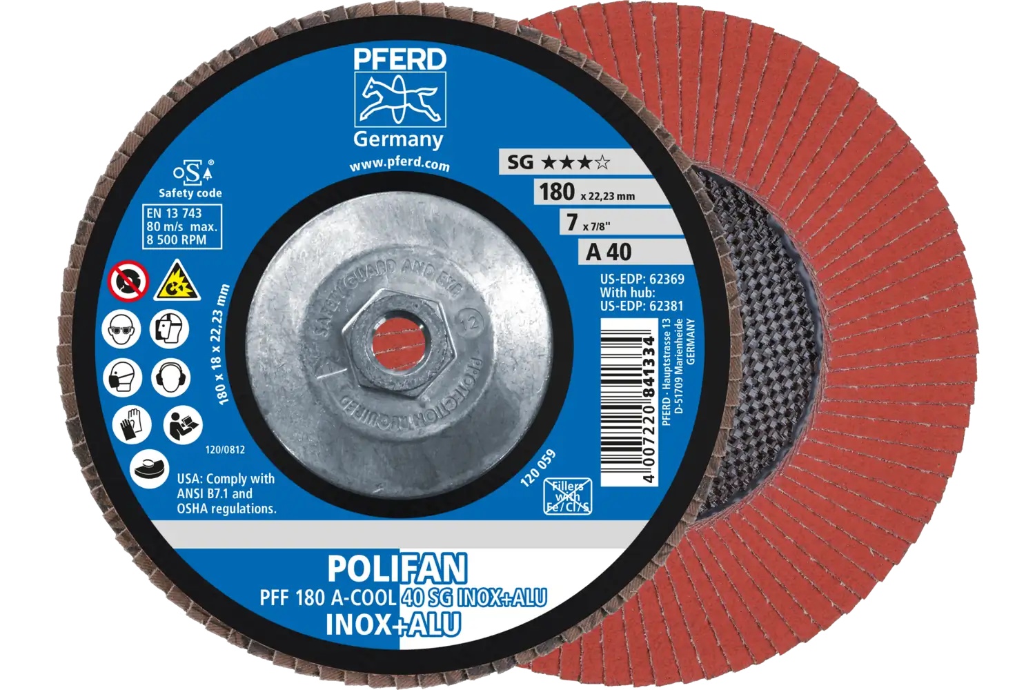 Picture of Pferd Flap Disc, 7" x 5/8-11, A-Cool SG Inox+ALU, 40 Grit, T27, Flat, Aluminum oxide